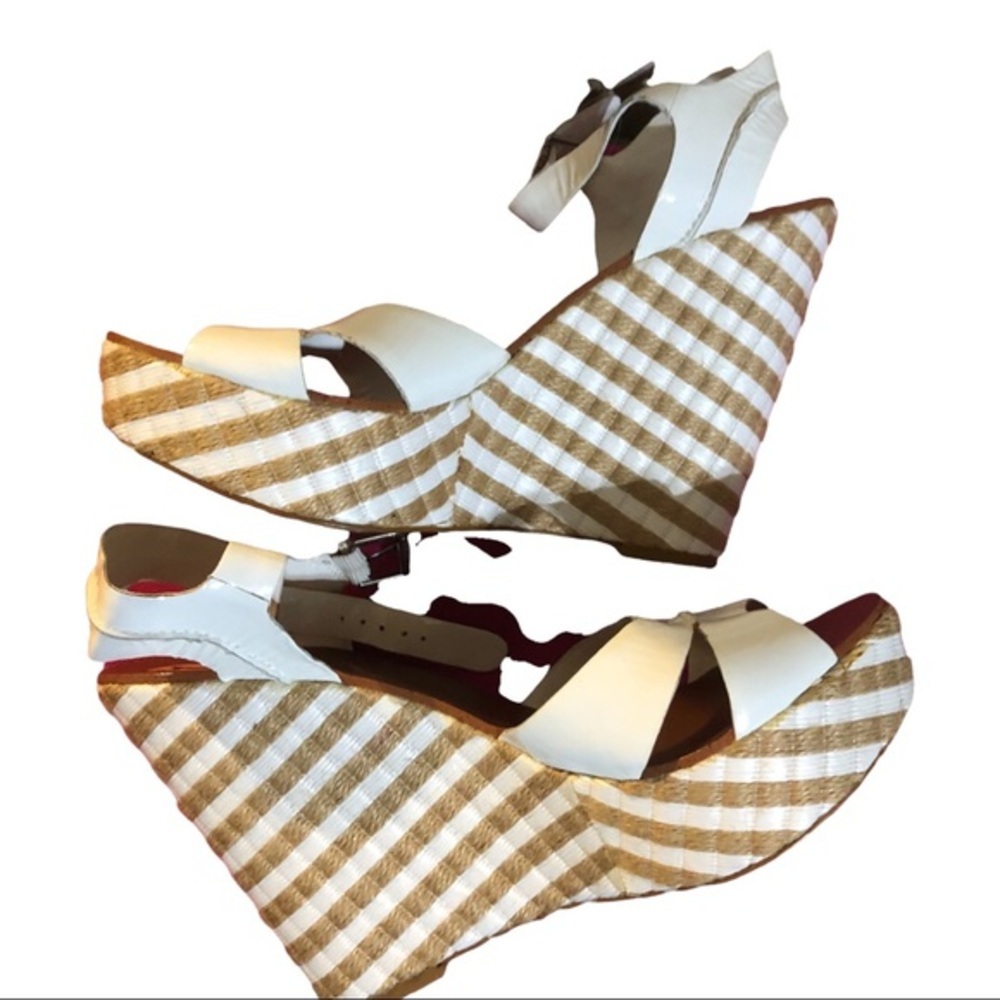 Ralph Lauren colorblock brown white striped patent‎ platform wedge heels size 11